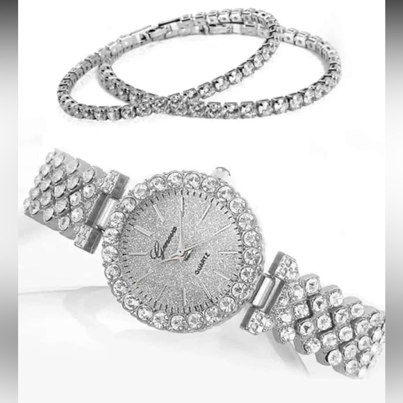 Elegant Silver Watch with Crystal Bracelet – 3 Piece Jewelry Set - Picture 3 of 5